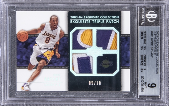 2003-04 UD "Exquisite Collection" Triple Patch #KB1 Kobe Bryant Game Used Patch Card (#05/10) – BGS MINT 9